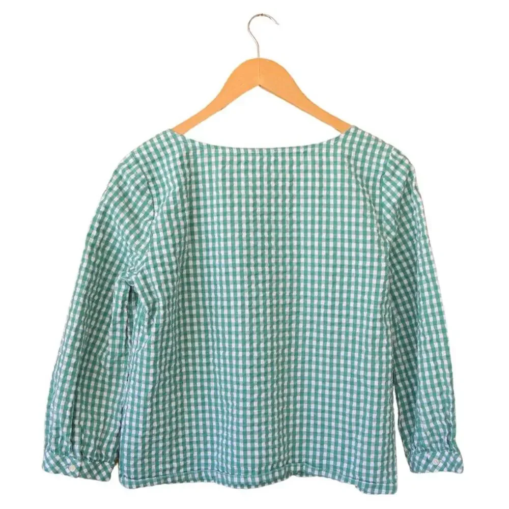 J Crew  Seersucker Green Gingham Peasant Top